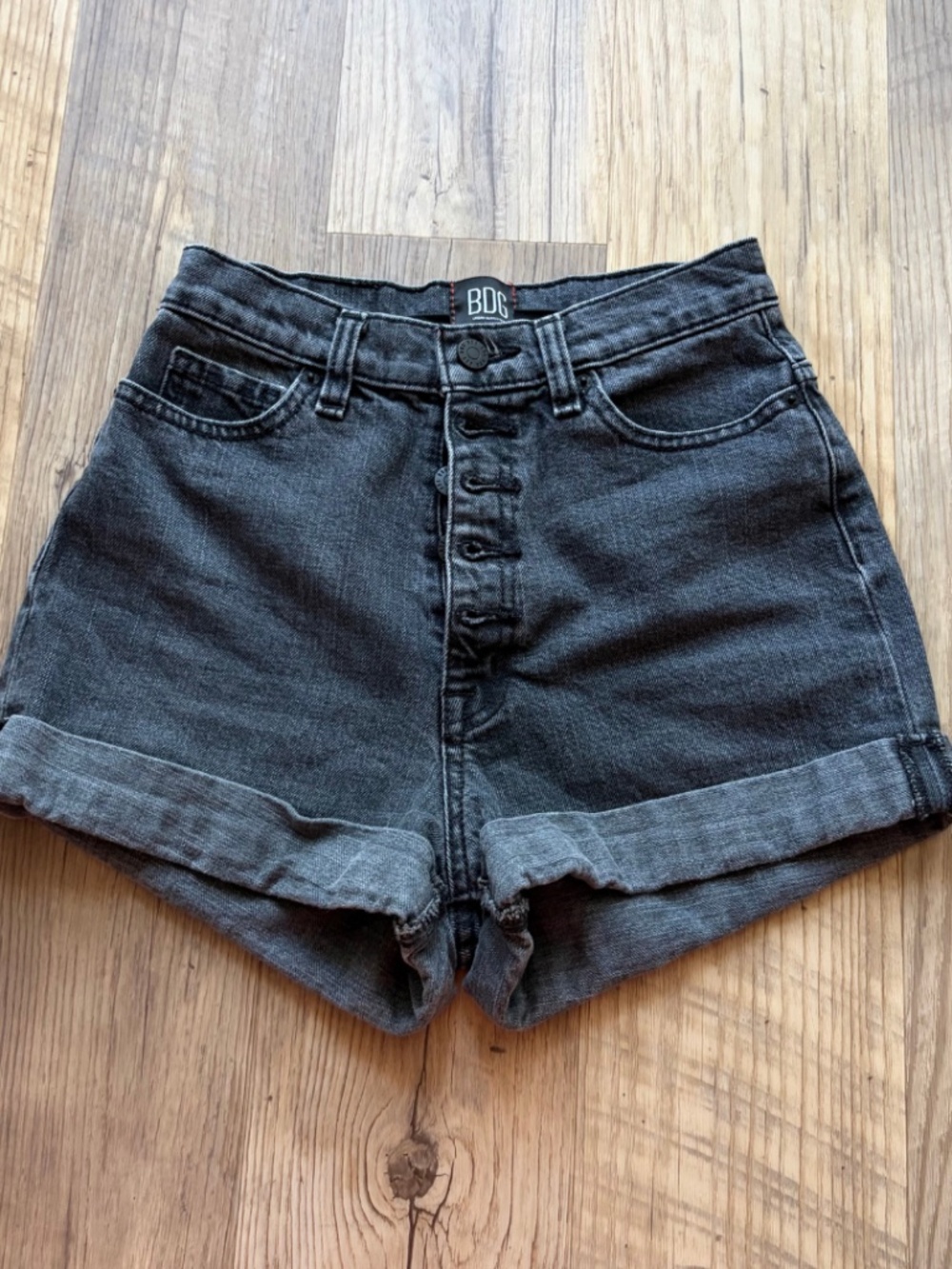 BDG Urban Outfitters Mom high-rise button-fly washed black denim shorts